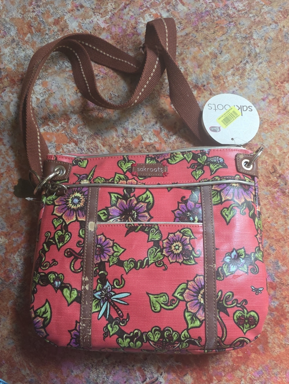 Sakroots Coral Floral Canvas Crossbody with Brown Trim
